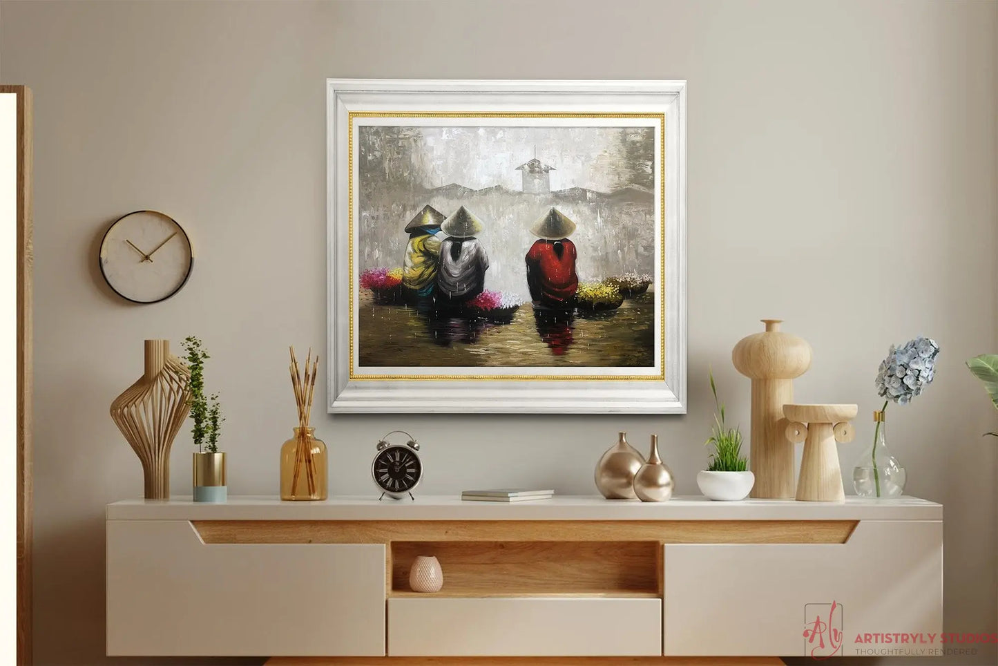 Gathered in the Rain | Oil on Canvas | Approx. 100 x 140 cm Artistryly Studios