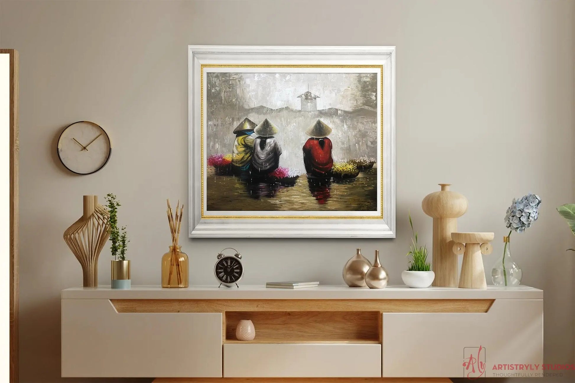 Gathered in the Rain | Oil on Canvas | Approx. 100 x 140 cm Artistryly Studios